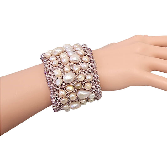 Bijoux Envie Pearl Cuff Bracelet | Pastel Pink | Crochet | Gold | Coastal