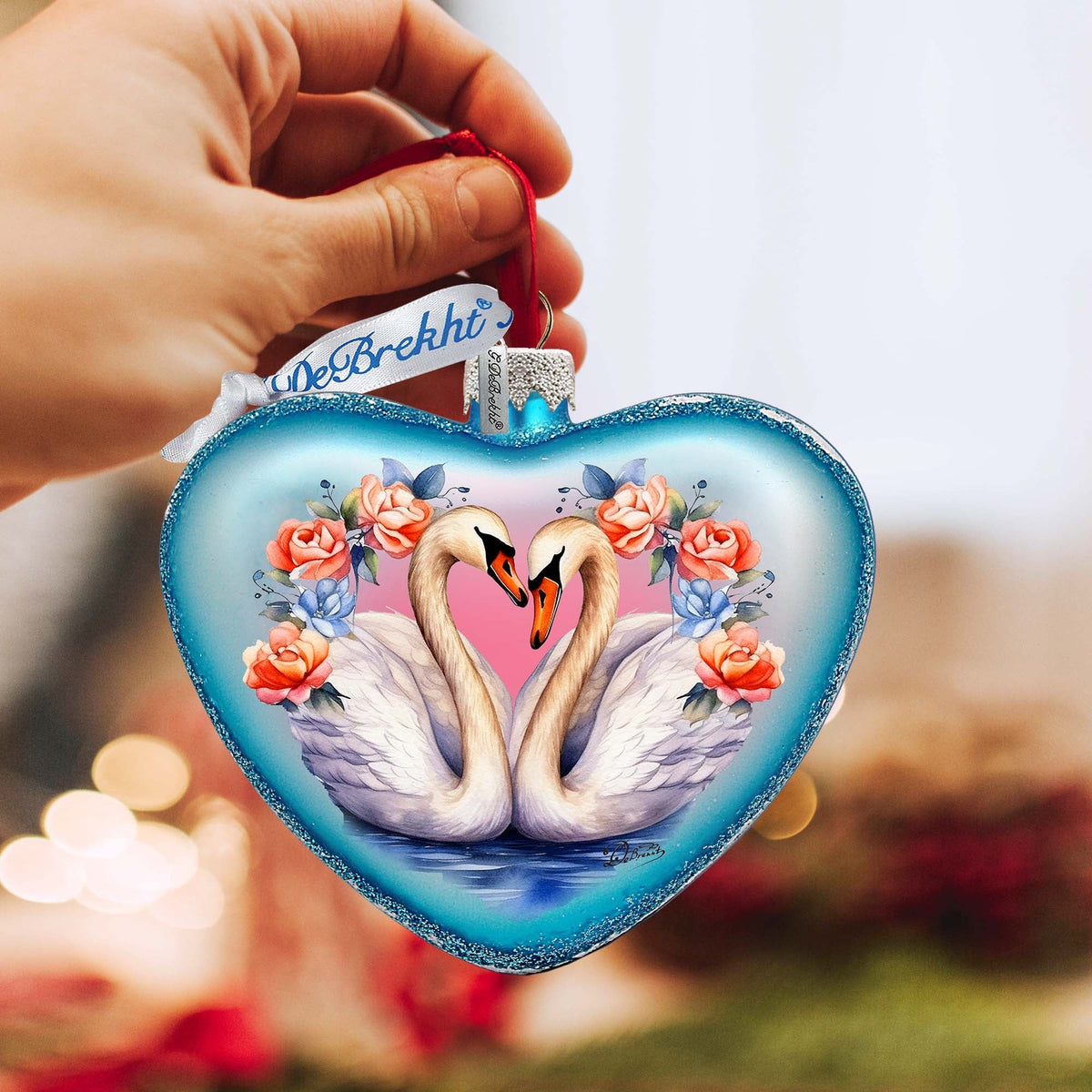 Swan Love Heart Glass Ornament by G. Debrekht - Christmas Decor - 753-012