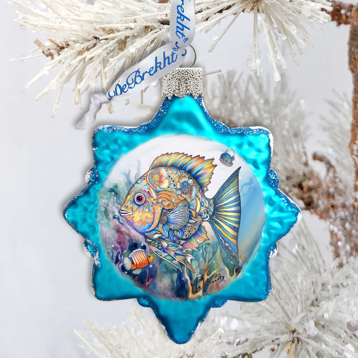 Holiday Coastal Ornament - Blue Fish Keepsake Glass Ornaments by G. Debrekht - Coastal Holiday Decor - 777399