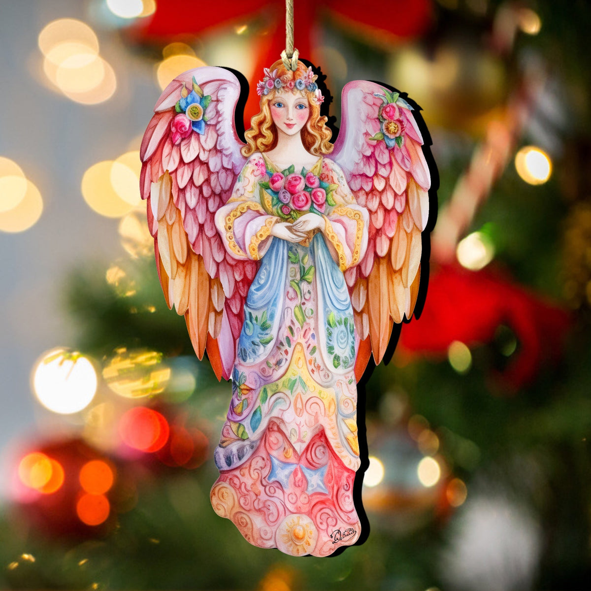 Pink Floral Angel Wooden Ornaments by G. DeBrekht Nativity Holiday Decor - 8611023