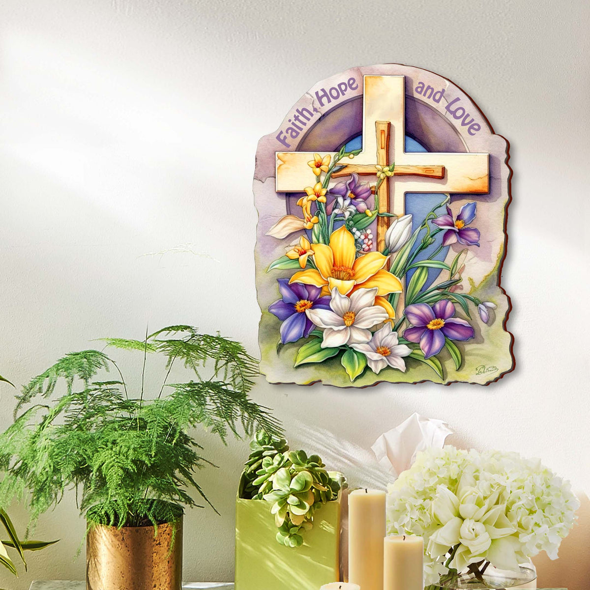 Faith, Hope, and Love Wooden Cross by G. Debrekht - Easter Spring Decor - 88160