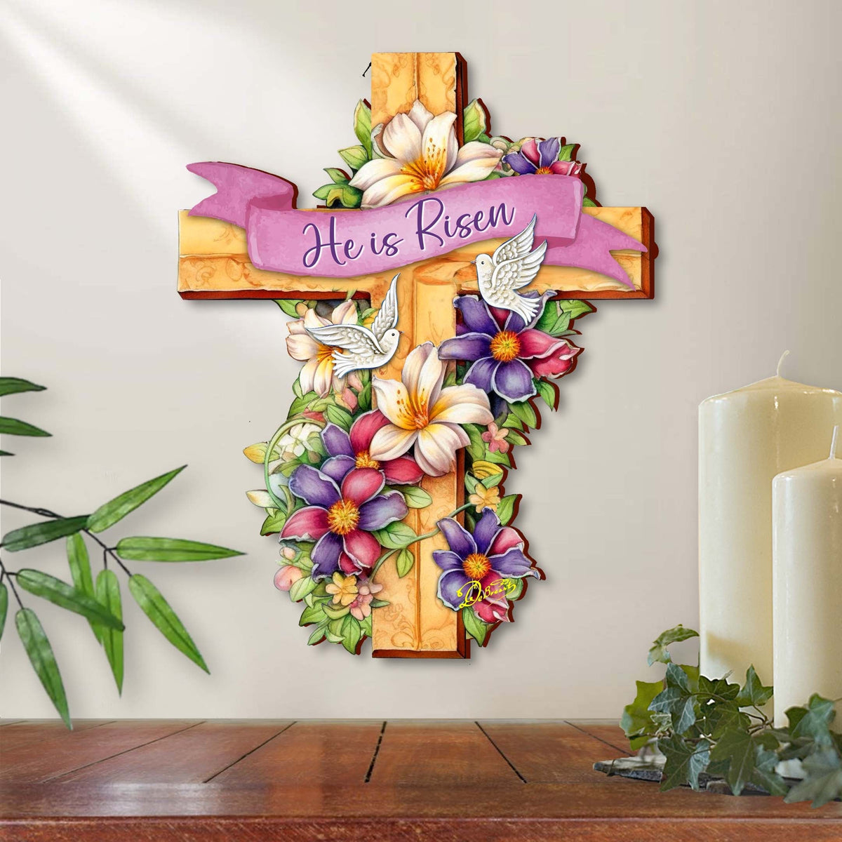He is Risen Wooden Cross by G. Debrekht - Easter Spring Decor - 88162