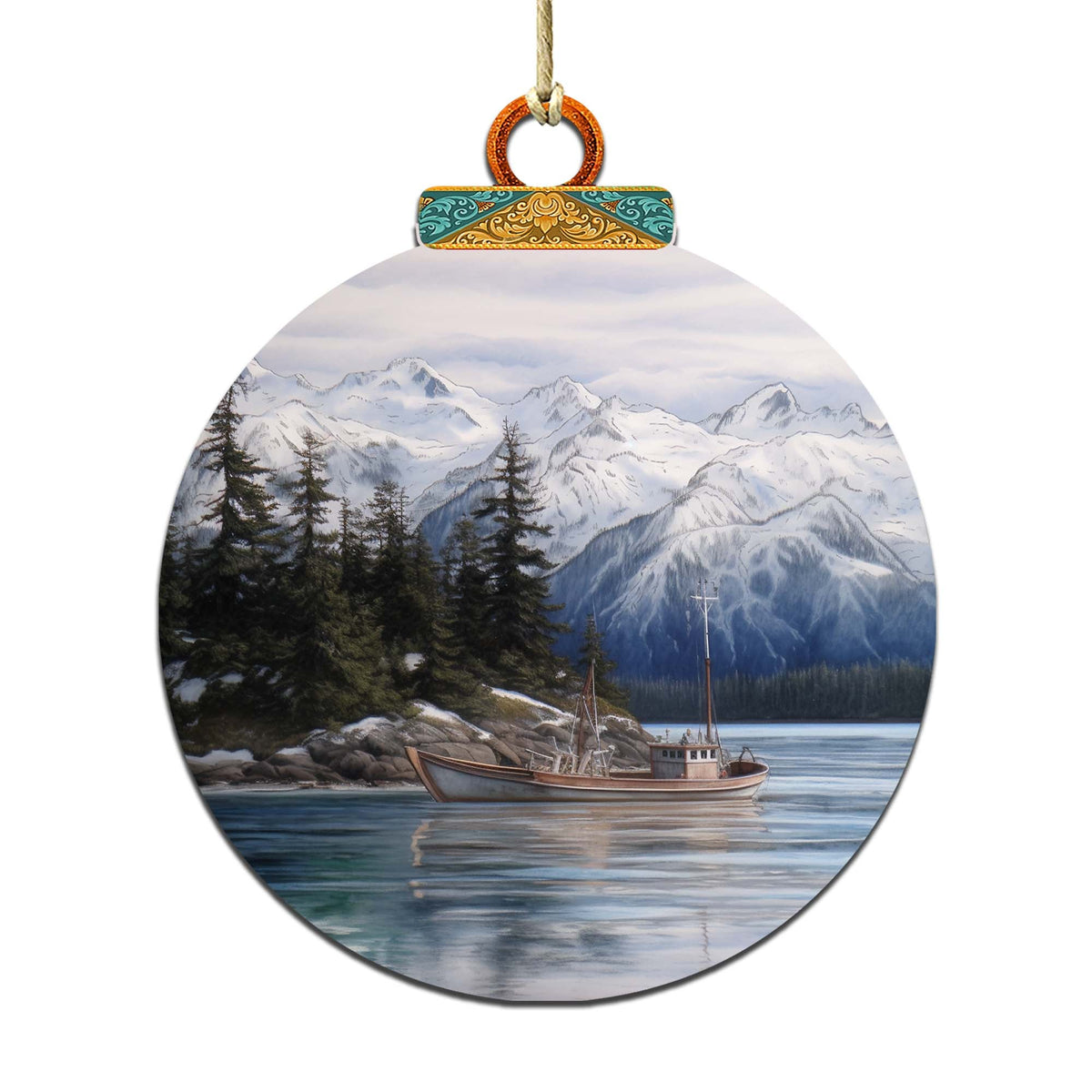 Fishing Boat in Alaska's Mountains Wooden Ornaments by G.Debrekht - Wildlife Holiday Decor - 870068