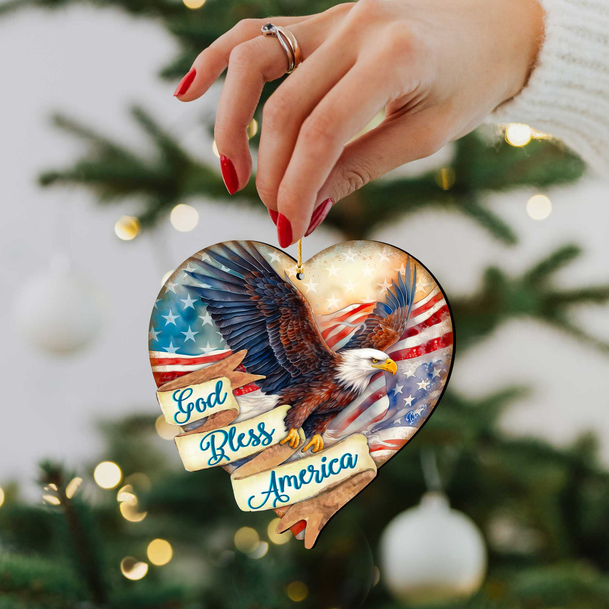 God Bless America Patriotic Eagle Heart Wooden Ornaments by G.Debrekht American Holiday Decor - 8652789