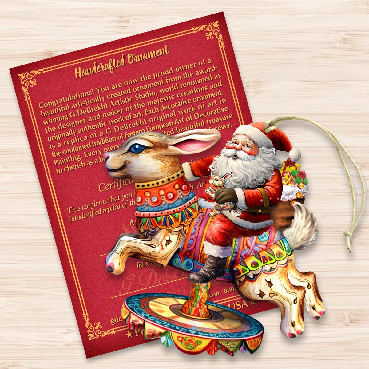 Santa Claus on Bunny Carousel Wooden Ornaments by G. Debrekht Christmas Santa Snowman Decor - 8611067