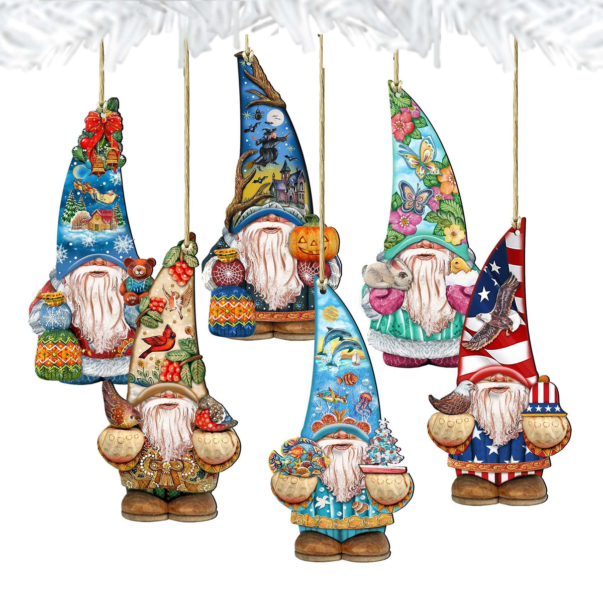 Gnome Friends Wooden Ornaments Set of 6 by G. DeBrekht - Christmas Santa Snowman Decor - 8611010-S6