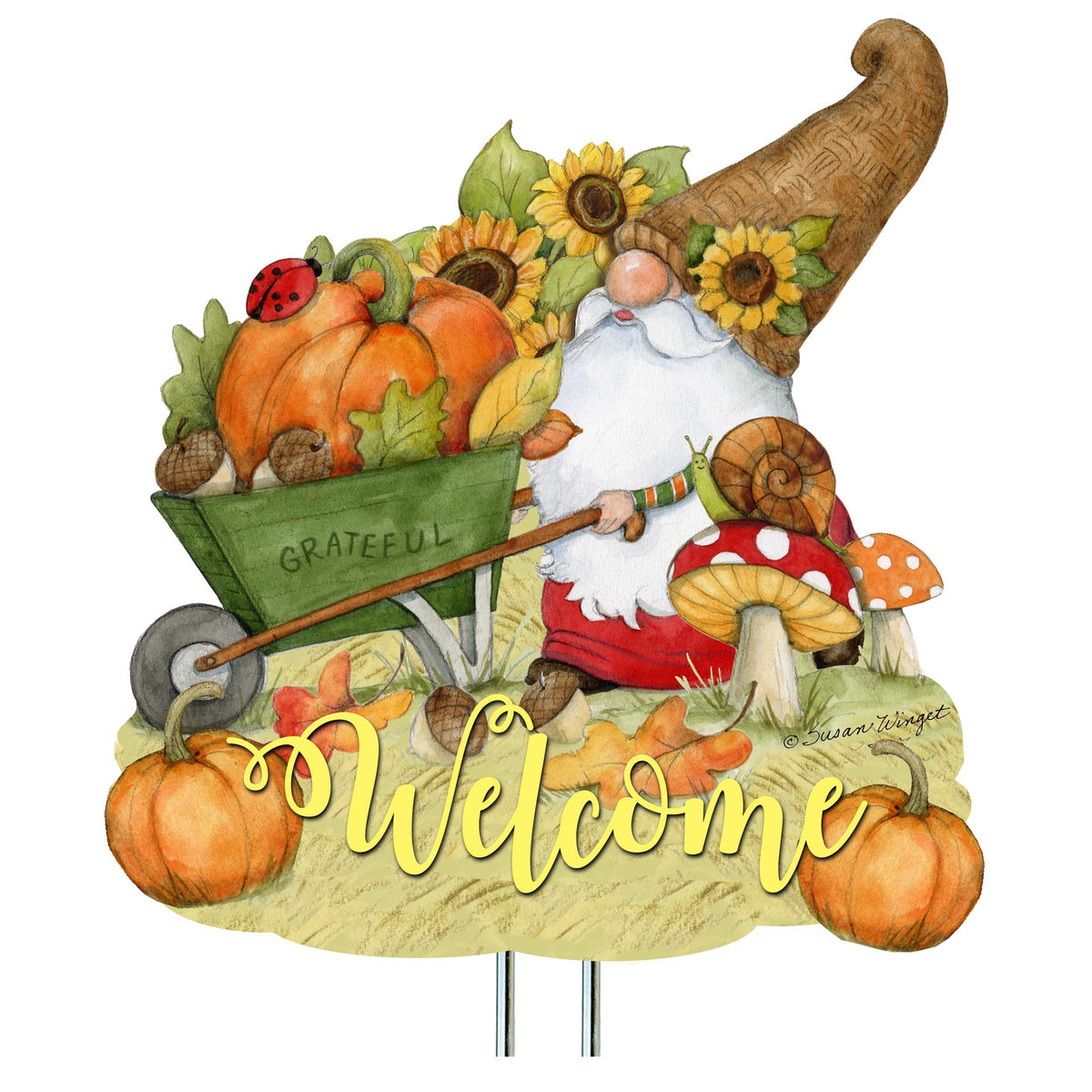 Outdoor Garden Stakes Fall Decoration - Harvest Gnome Welcome Sign - Wheelbarrow Cornucopia - Handmade Gift - Autumn Adornment - Wooden Ornament by Susan Winget - 8471207M-SW