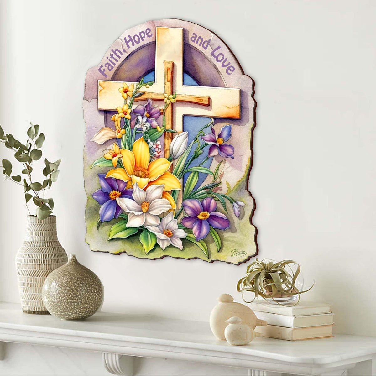 Faith, Hope, and Love Wooden Cross by G. Debrekht - Easter Spring Decor - 88160