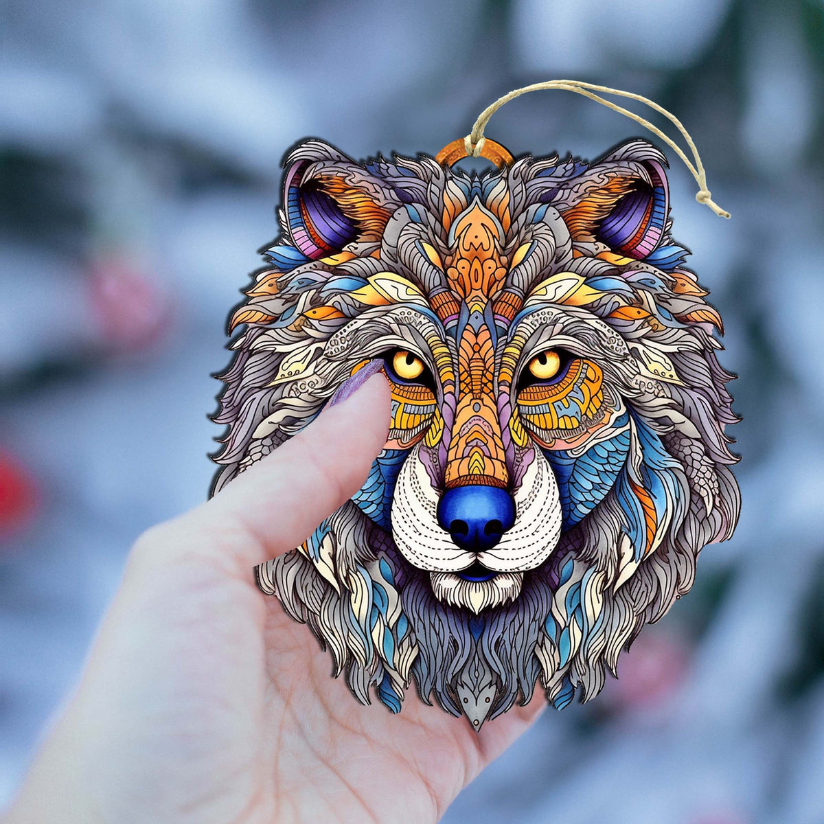 Ornamental Wolf Face Wooden Ornaments by G.Debrekht - Wildlife Holiday Decor - 8710125-2