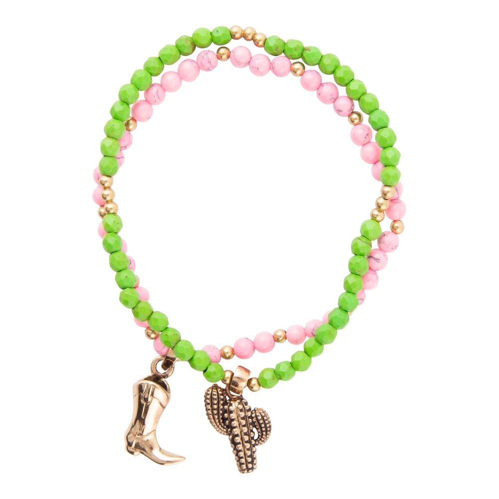 Charmed Cactus and Boot Pink Green Jade Golden Bracelet Set