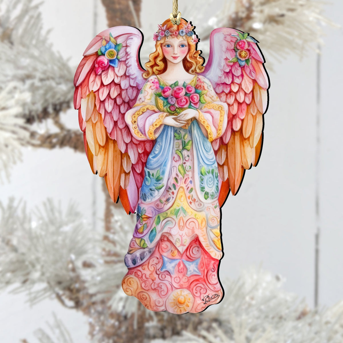 Pink Floral Angel Wooden Ornaments by G. DeBrekht Nativity Holiday Decor - 8611023