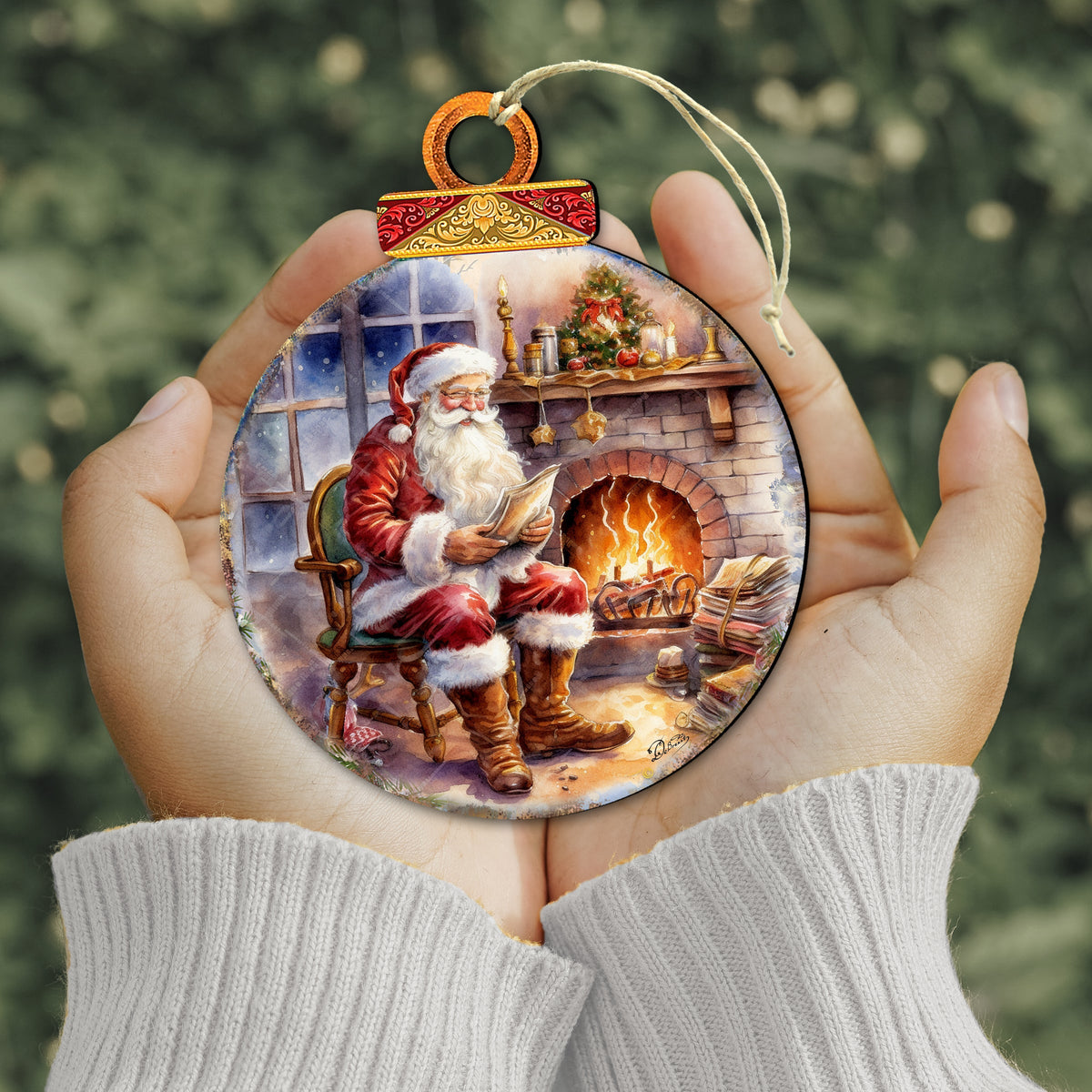 Santa at the Fireplace Wooden Ornaments by G. Debrekht Christmas Santa Snowman Decor - 8611089