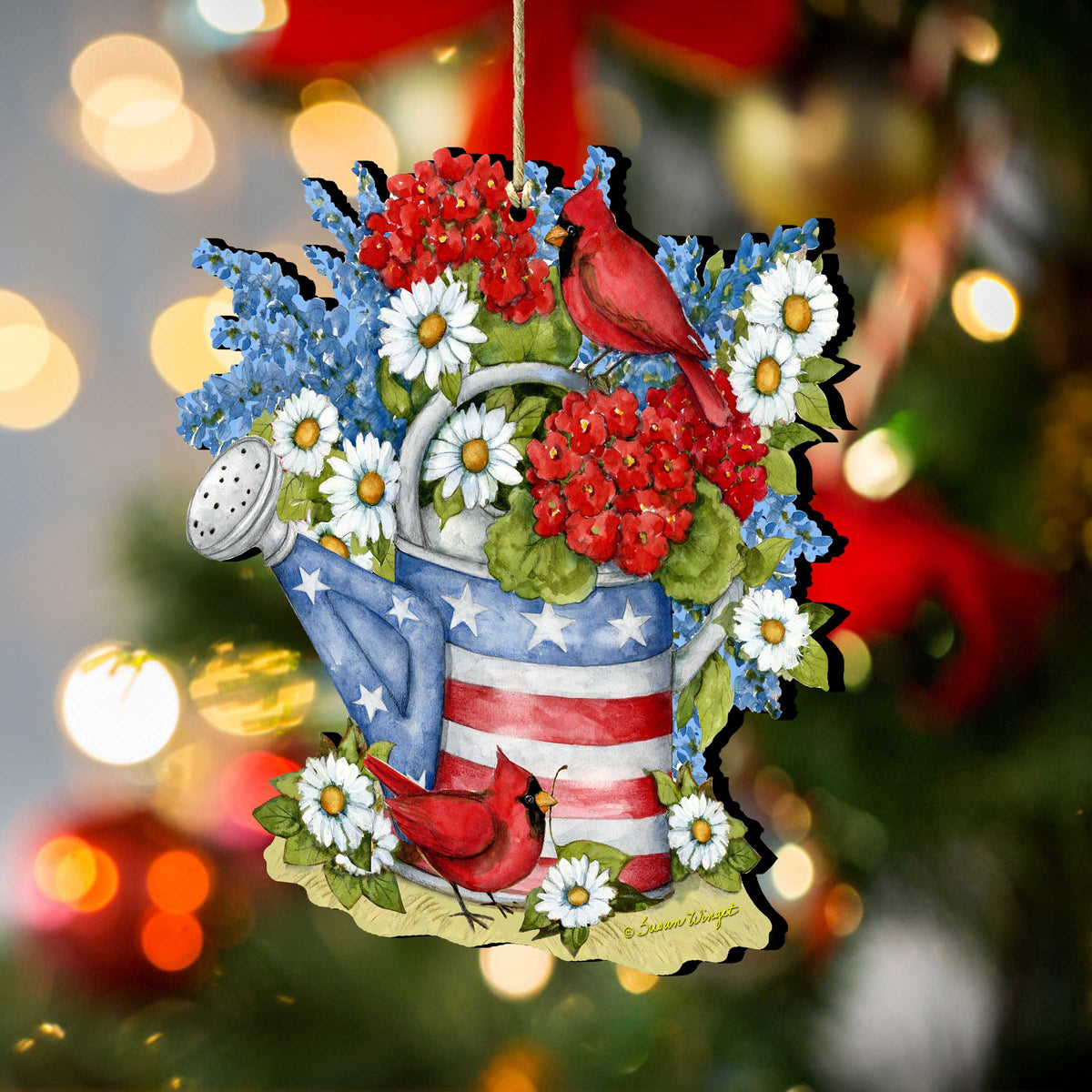 Patriotic Decoration American Watering Can - Flowerpot Ornament - Handmade Gift Rustic Adornment - Wooden Ornament by Susan Winget - 8471212-SW