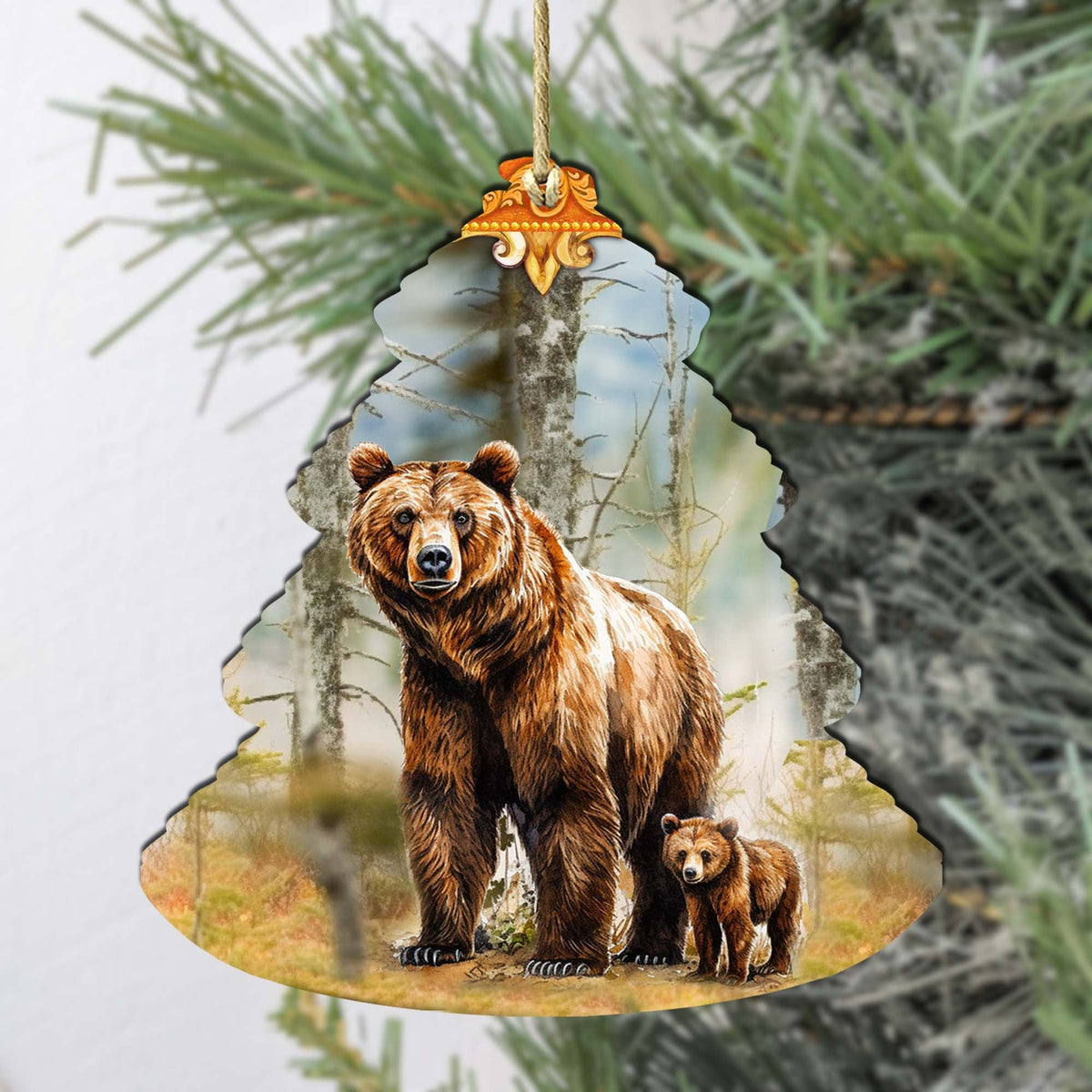 Forest Grizzly Bond Tree Wooden Ornaments by G.Debrekht - Wildlife Holiday Decor - 870010