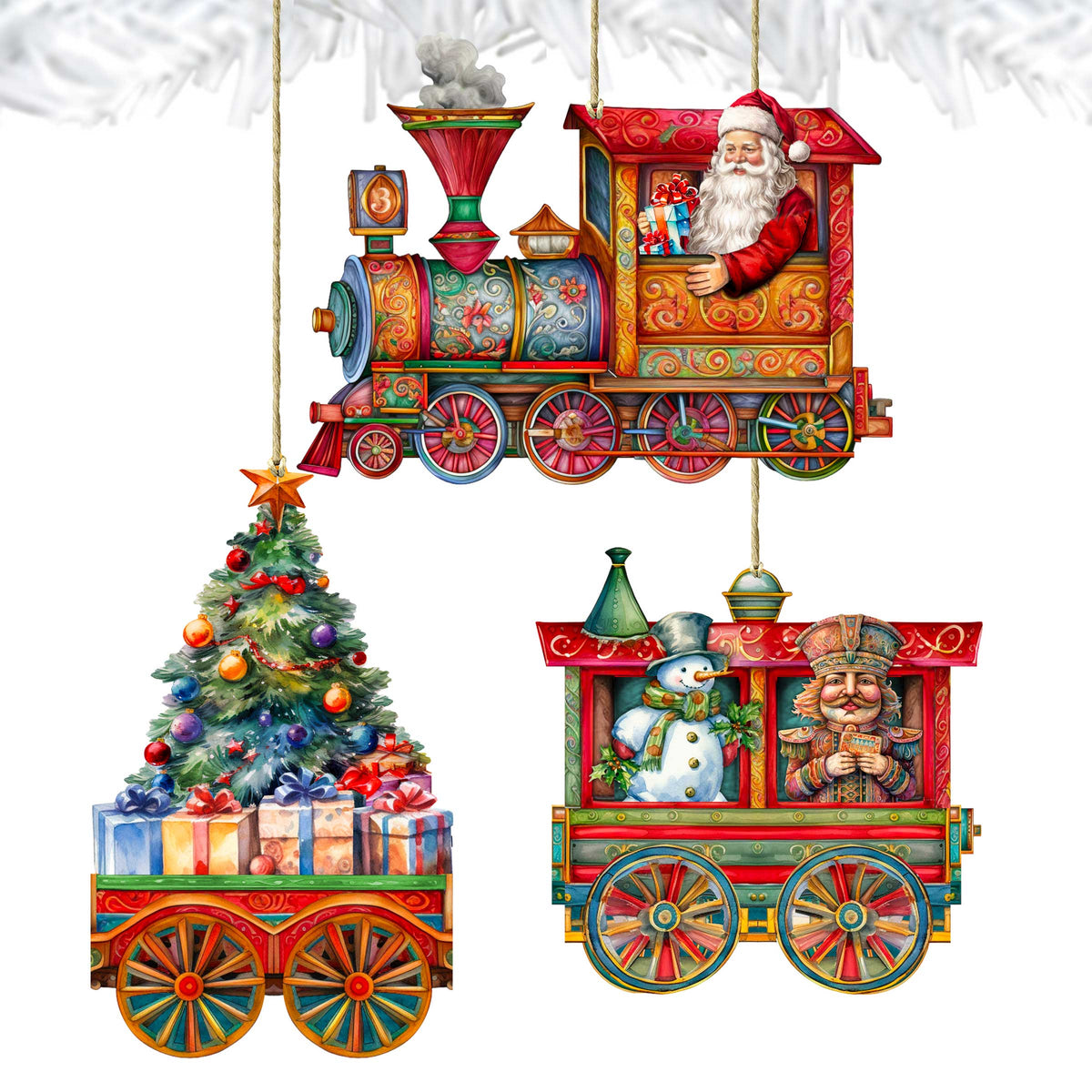 Santa's Train Wooden Ornaments Set of 3 by G. Debrekht - Christmas Décor - 8100202S3