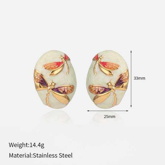 Alberal Kirk Oval Dragonfly Earrings Steel Asymmetric Drip Enamel