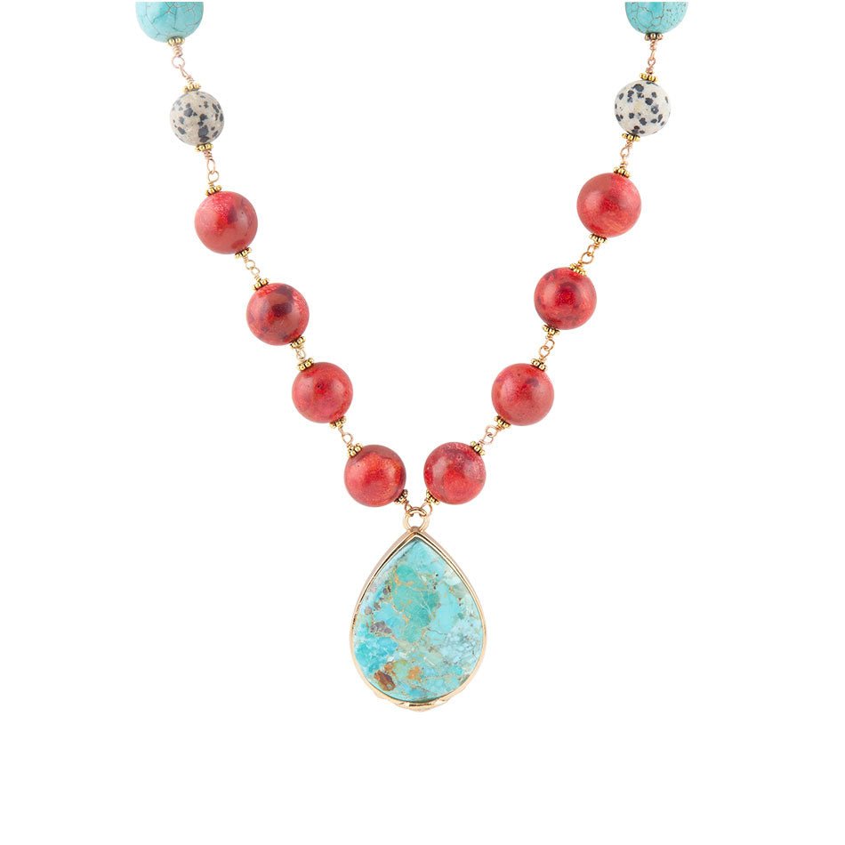 Blue and Red Turquoise Teardrop Golden Necklace