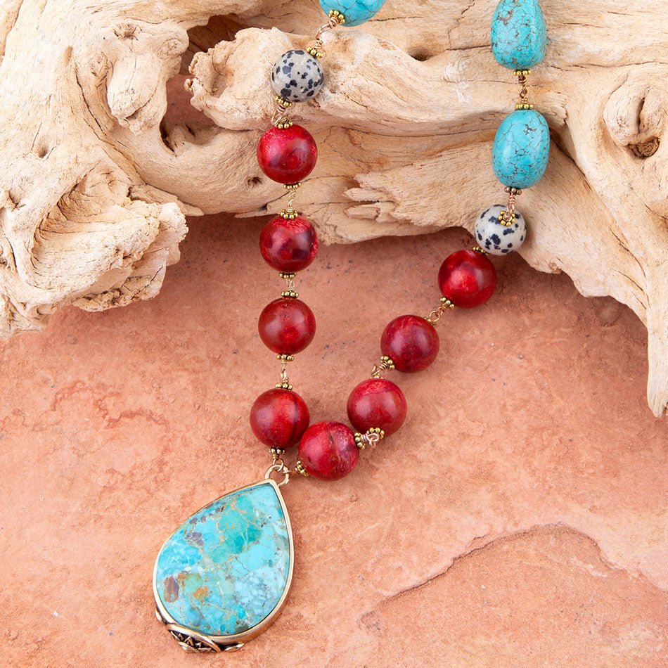 Blue and Red Turquoise Teardrop Golden Necklace