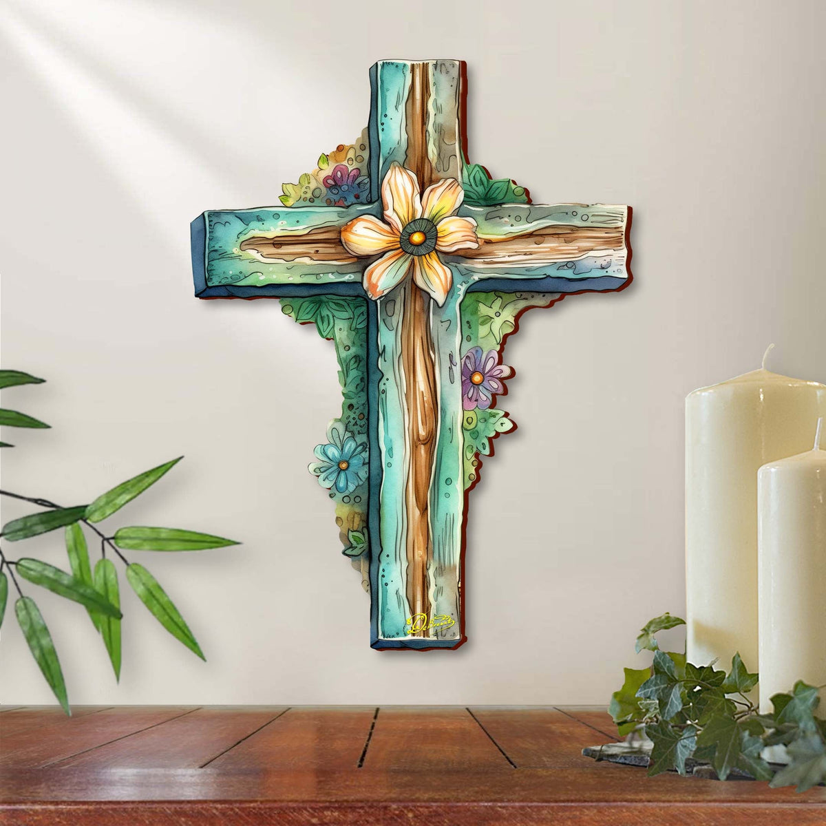 Teal Wooden Cross by G. Debrekht - Easter Spring Decor - 88164
