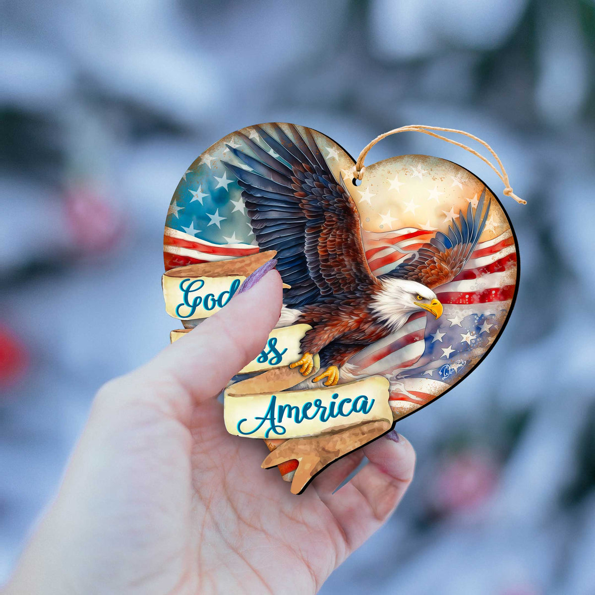 God Bless America Patriotic Eagle Heart Wooden Ornaments by G.Debrekht American Holiday Decor - 8652789
