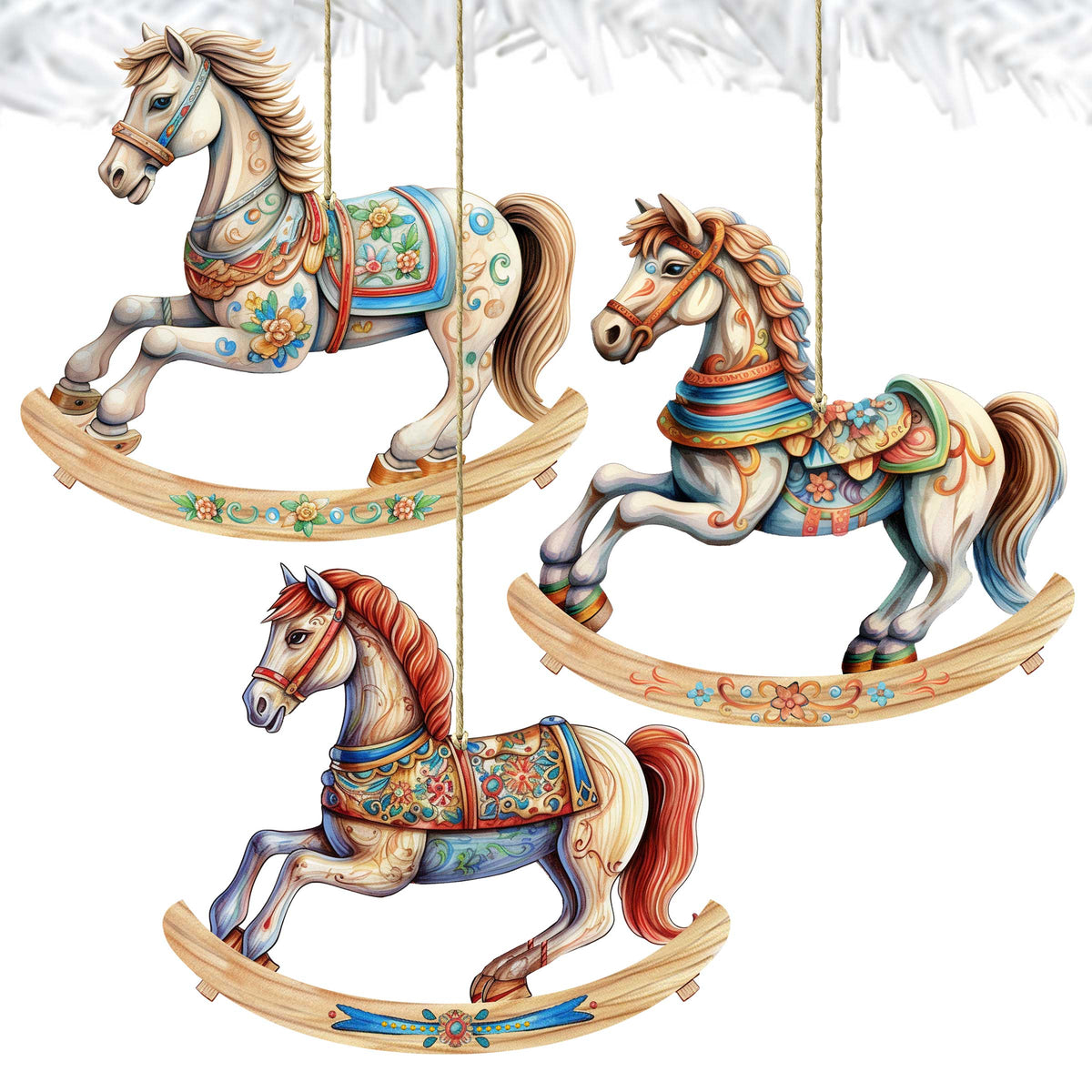 Rocking Horses Wooden Ornaments Set of 3 by G. Debrekht - Christmas Decor - 8100196S3