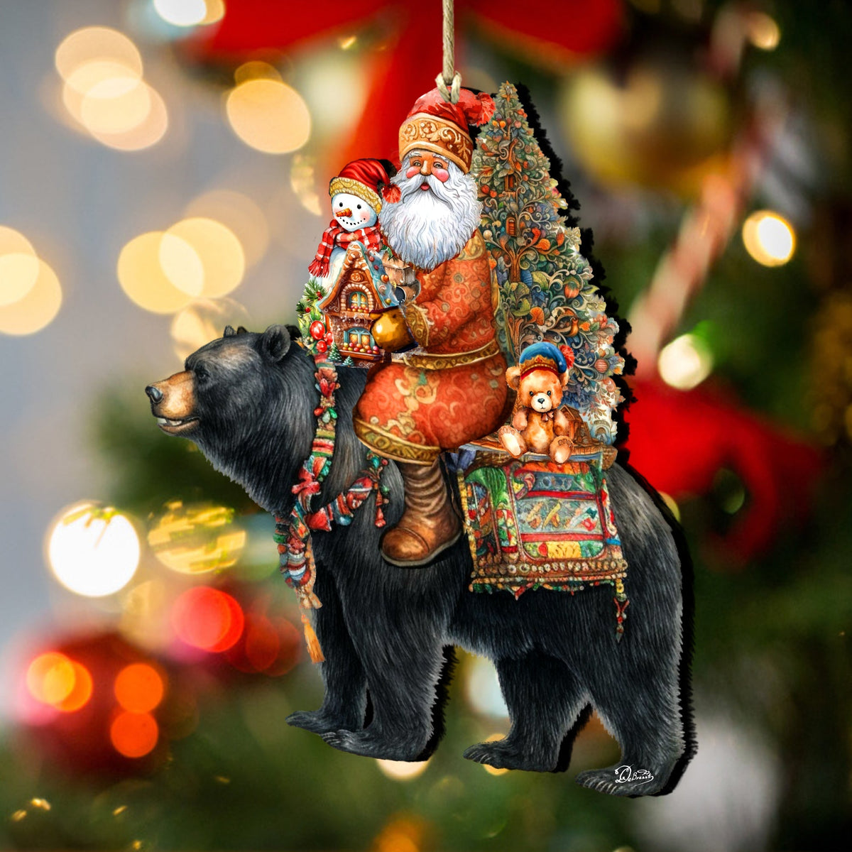 Santa on Black Bear Wooden Ornaments Christmas Santa Snowman Decor - 8611064