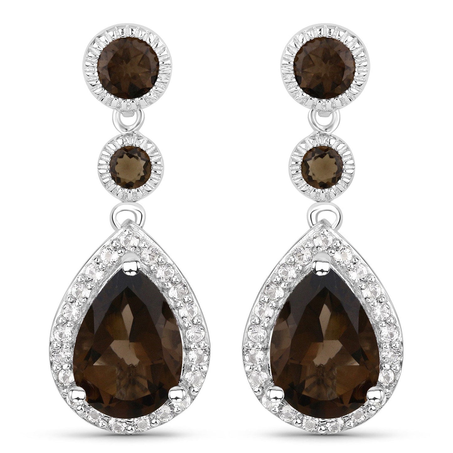 7.34 Carat Genuine Smoky Quartz and White Topaz .925 Sterling Silver Earrings
