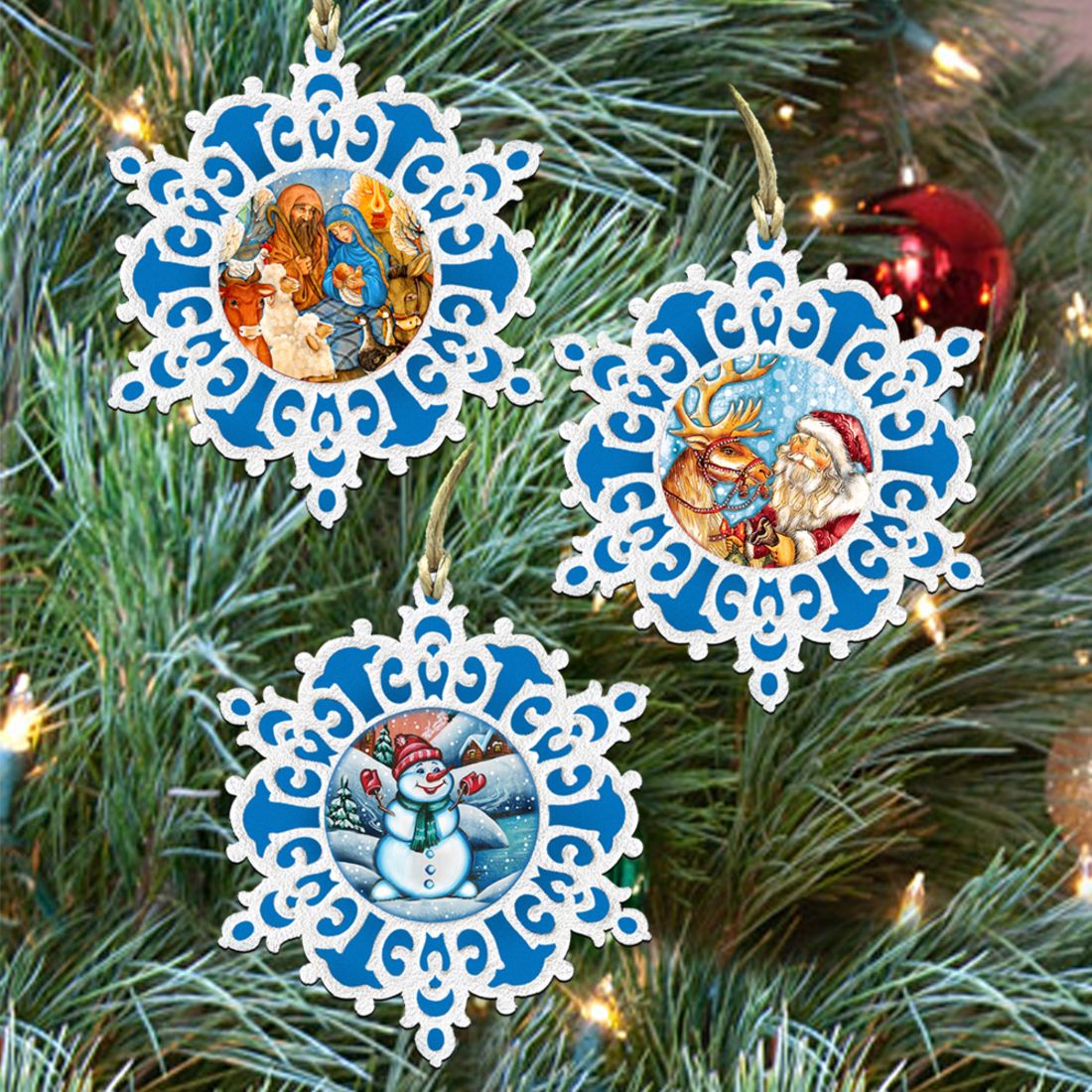 White Christmas Snowflakes Wooden Ornaments Set of 3 by G. DeBrekht - Christmas Santa Snowman Decor - 8100017S3