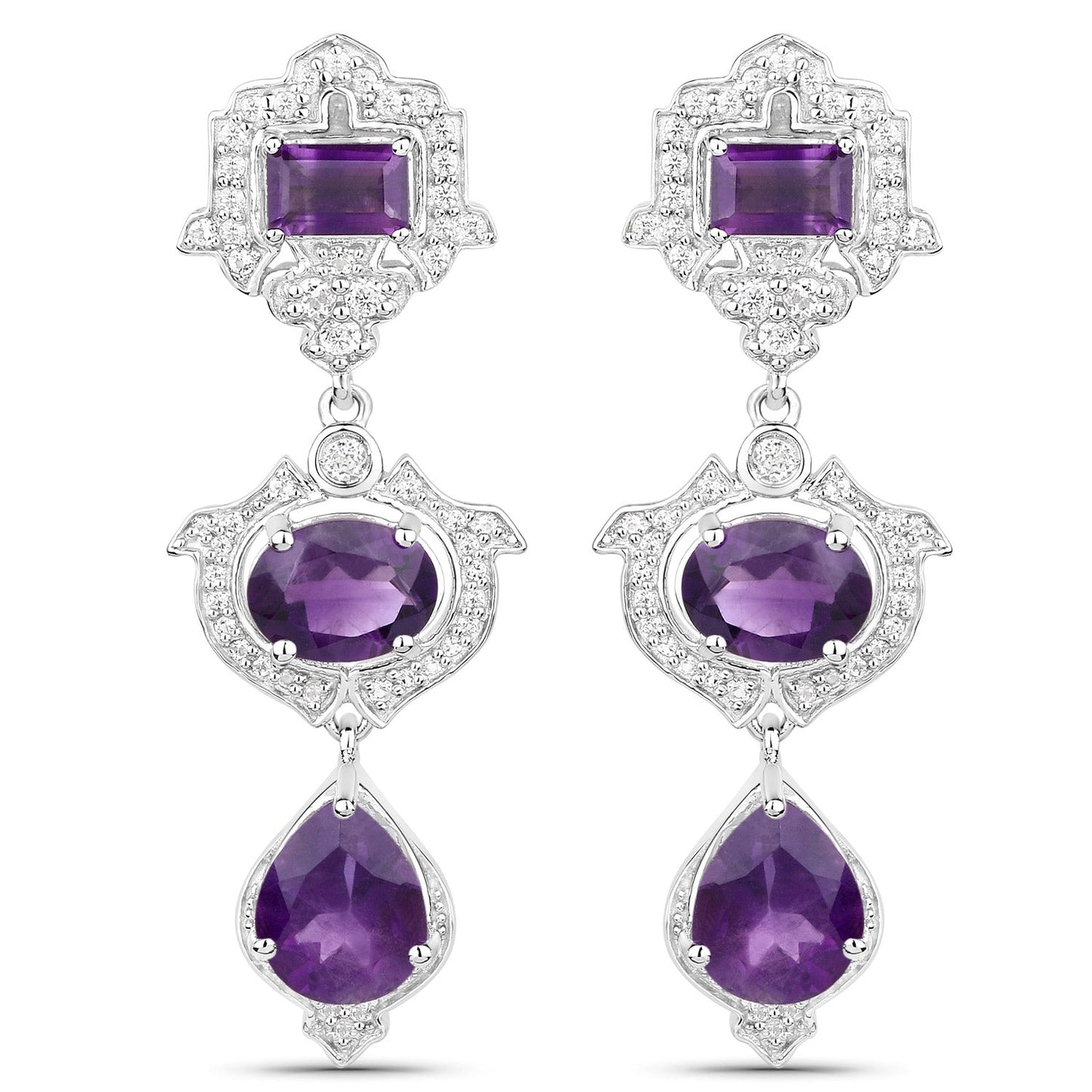6.97 Carat Genuine Amethyst and White Topaz .925 Sterling Silver Earrings