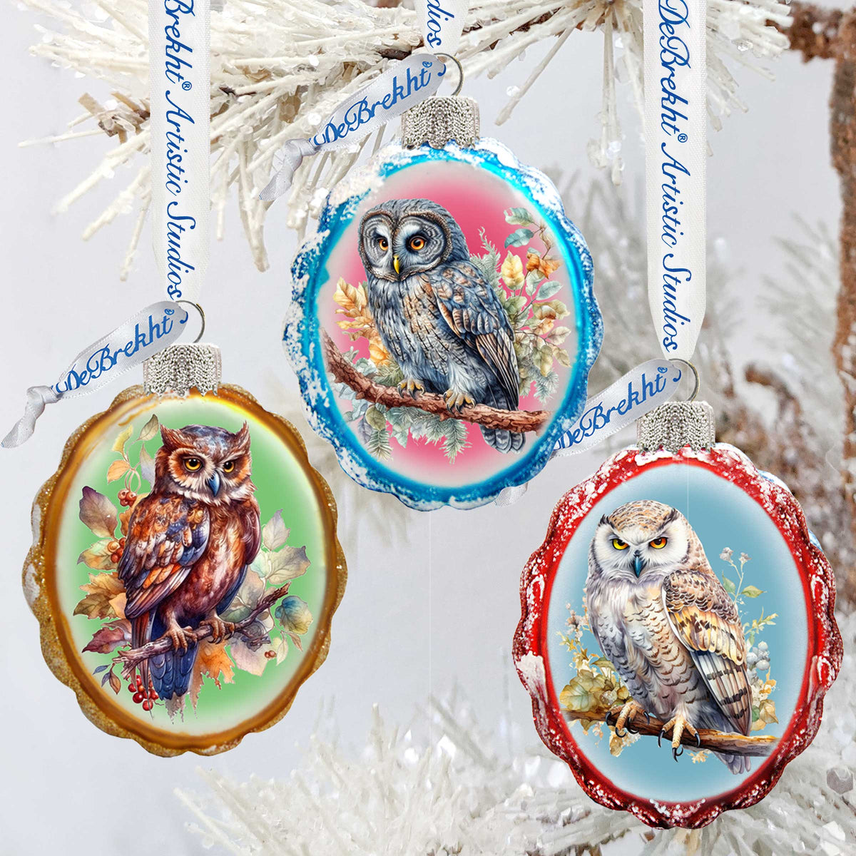 Wise Owls Mercury Glass Ornaments Set of 3 by G. Debrekht - Wildlife Holiday Decor - 770146S3