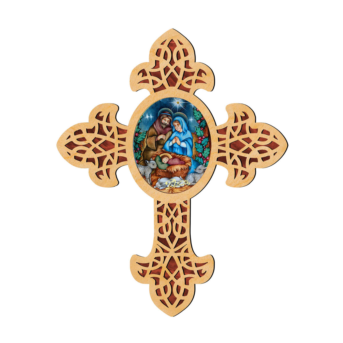 Village Nativity Pointy Wooden Cross by Museum Icons - Inspirational Icon Decor - 88389