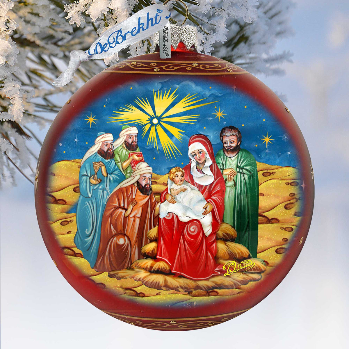 Holy Family and Three Kings Lg Glass Ornament in Red by G.DeBrekht - Christmas Decor - 73920R