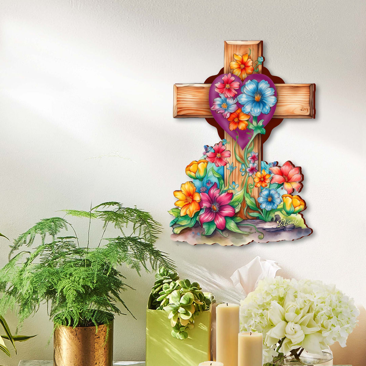 Easter Floral Wooden Cross by G. Debrekht - Easter Spring Decor - 88166