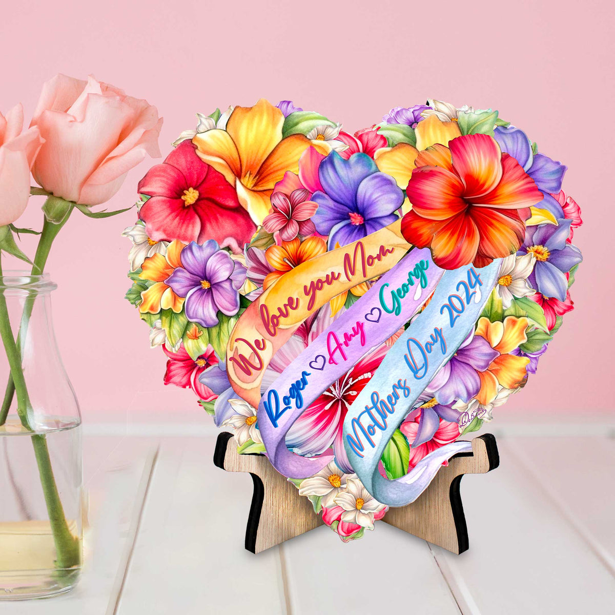Personalized Mother's Day Gift - Family Names Flower Heart on Stand Wooden Decoration, Gift for Mom by G. Debrekht Family Love Decor - 8688300