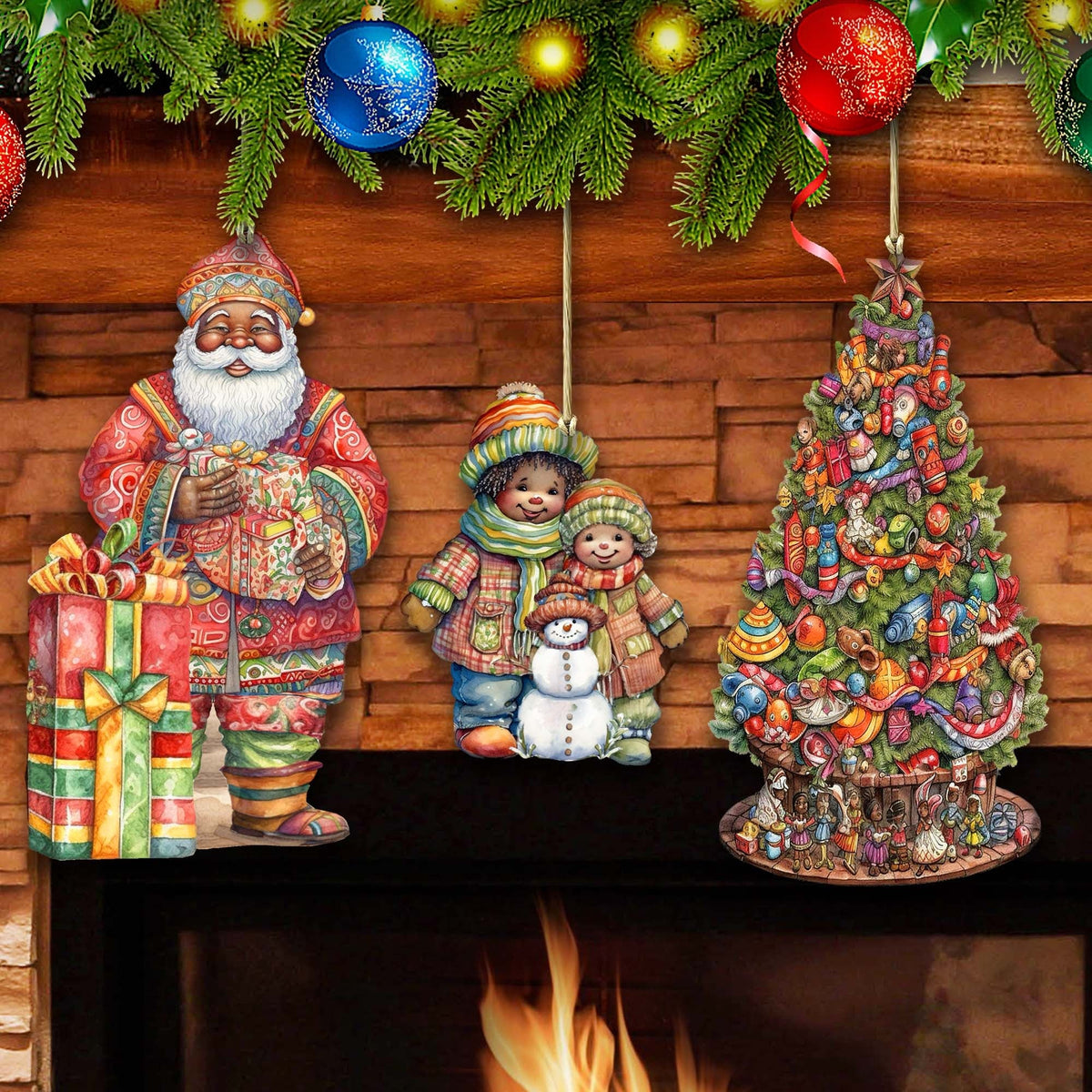 Santas Around the World - African-American Inspired Santa - Eco Wood Ornaments Set of 3 by G. DeBrekht Christmas Santa Snowman Decor - 8091310S3
