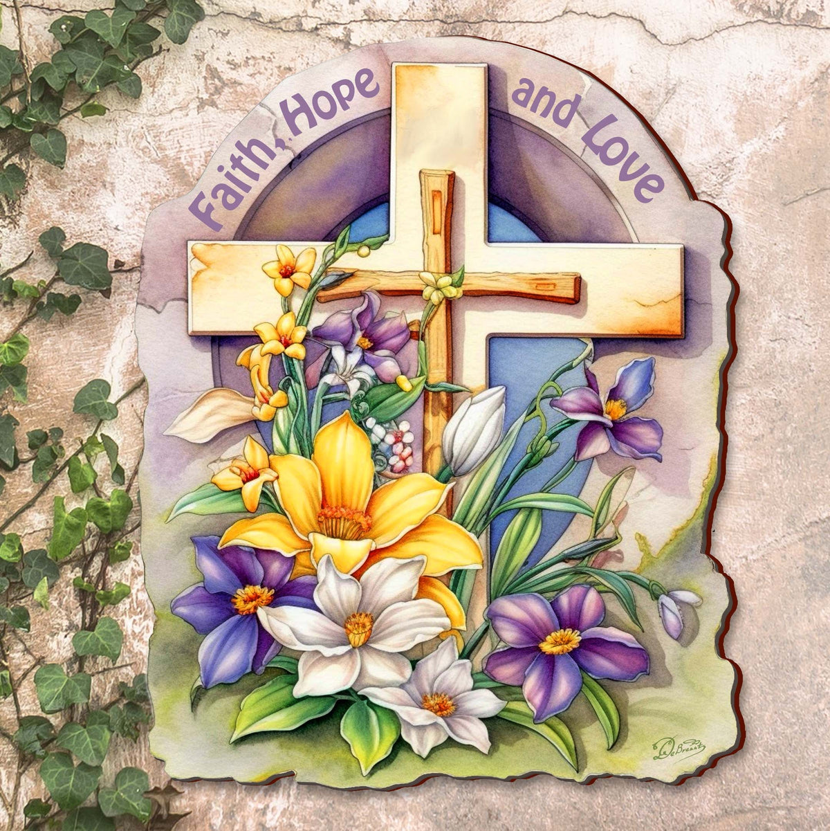 Faith, Hope, and Love Wooden Cross by G. Debrekht - Easter Spring Decor - 88160