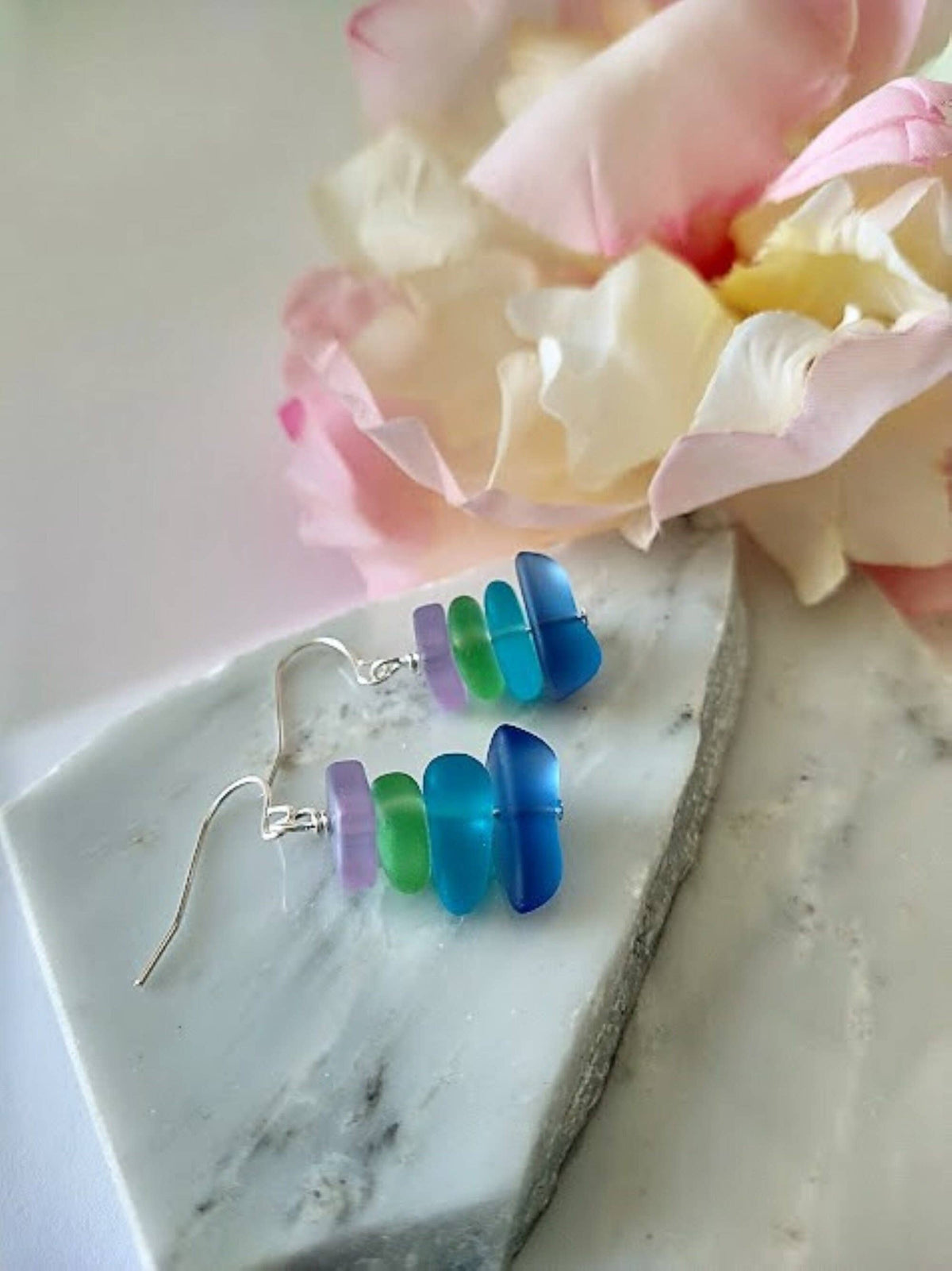 Bad Apple Designs Multicolor Pebble Shaped Frosted Sea Glass Silver Dangle Earrings