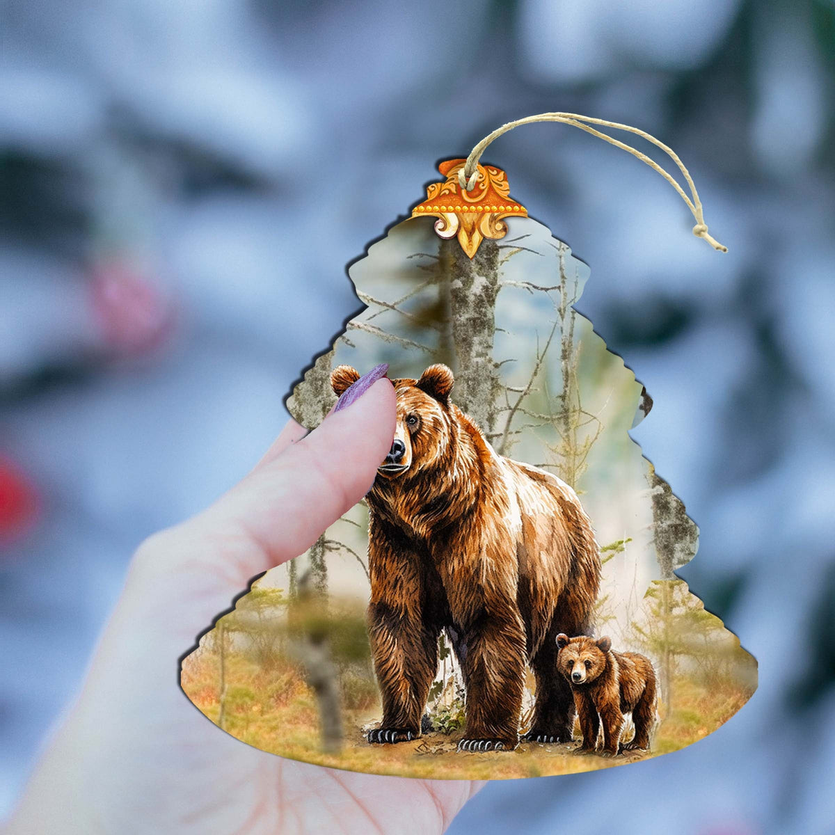 Forest Grizzly Bond Tree Wooden Ornaments by G.Debrekht - Wildlife Holiday Decor - 870010