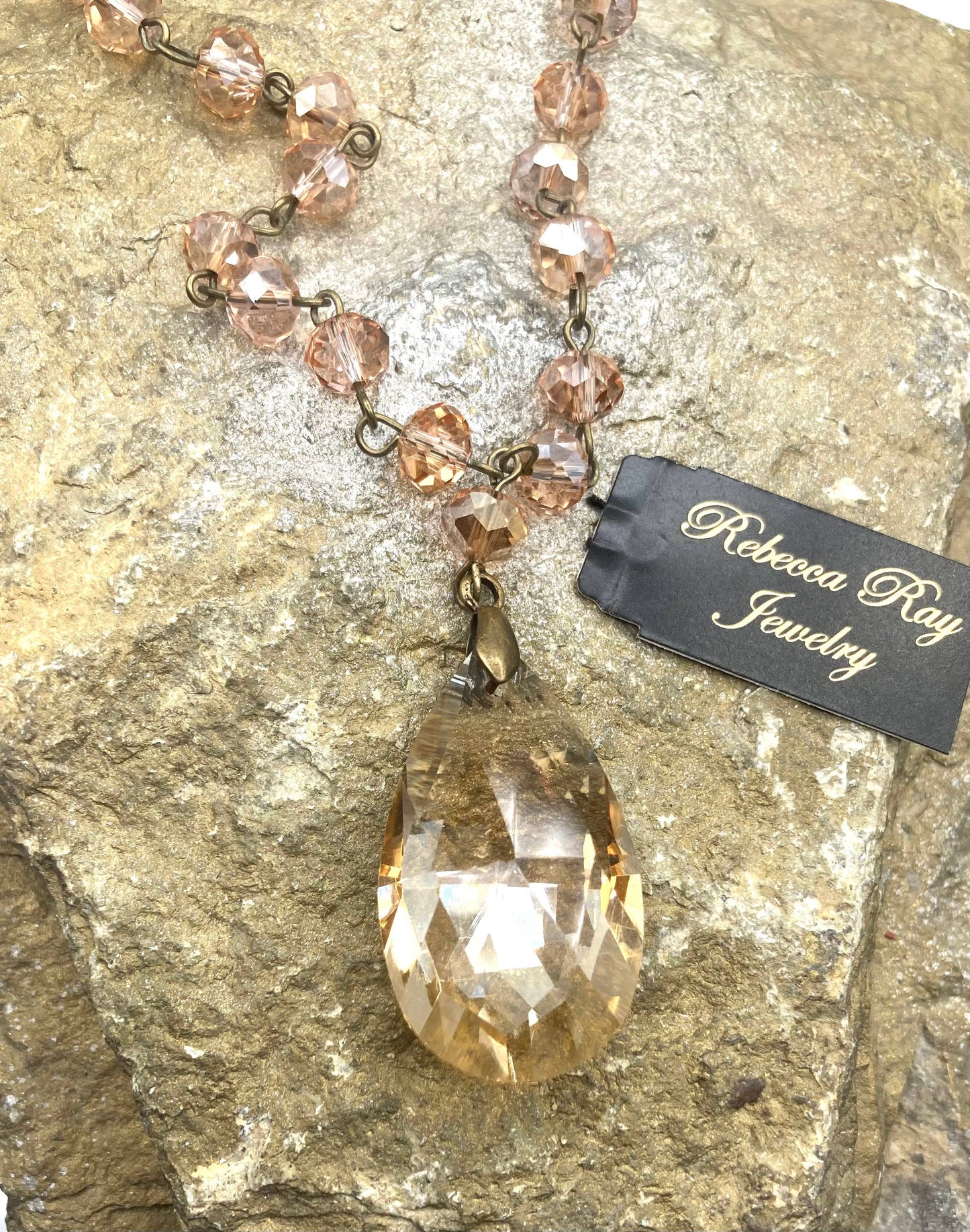 Collier en cristal vintage Rebecca Ray avec pendentif goutte de cristal