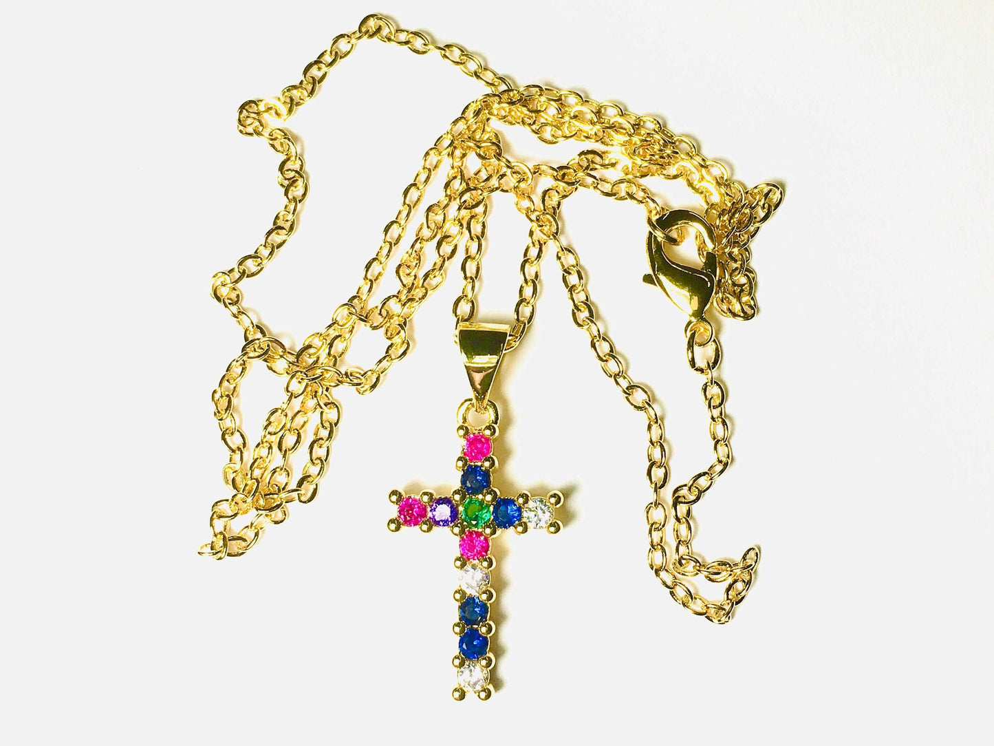 Gold Cross Necklace Pendant with Multi Color inset Zircons CZ