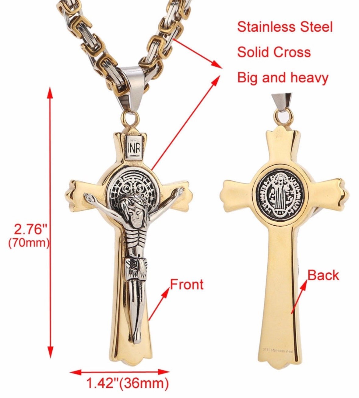 Large Saint Benedict Cross Necklace for Men with Heavy Byzantine Chain in Silver & Gold
