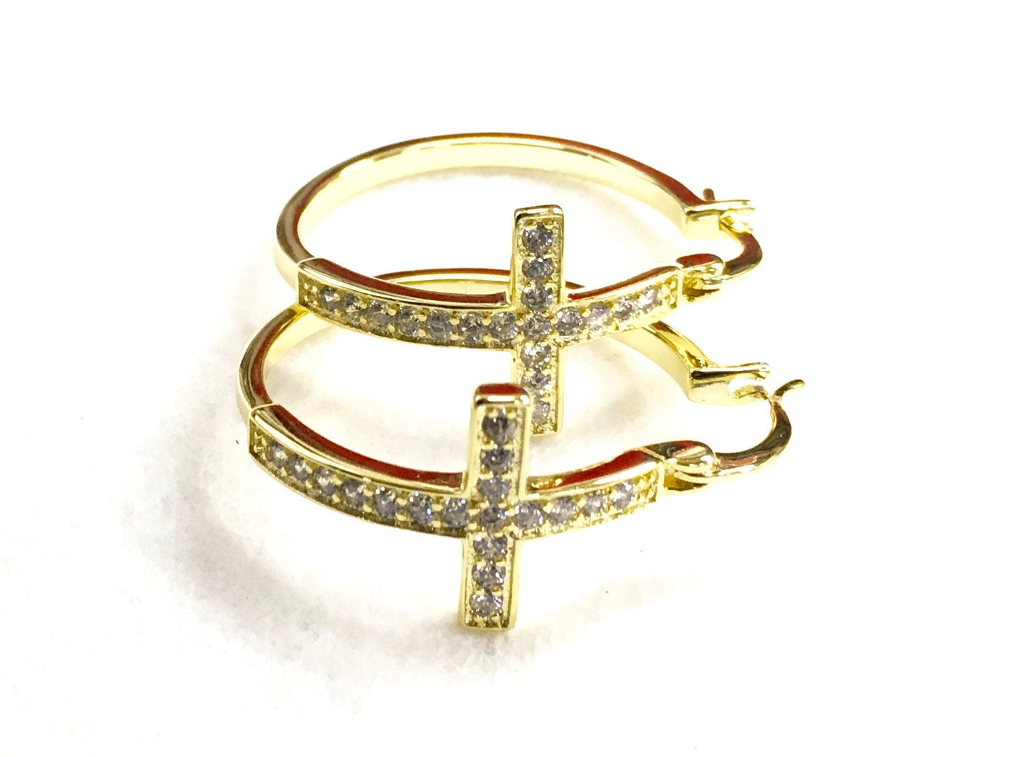 Large Silver or Gold Cross Hoop Earrings Cuff Round Cross Earrings Rhinestone Medium Modern CZ Fashion for Women Girls Cross Jesus Jewelry