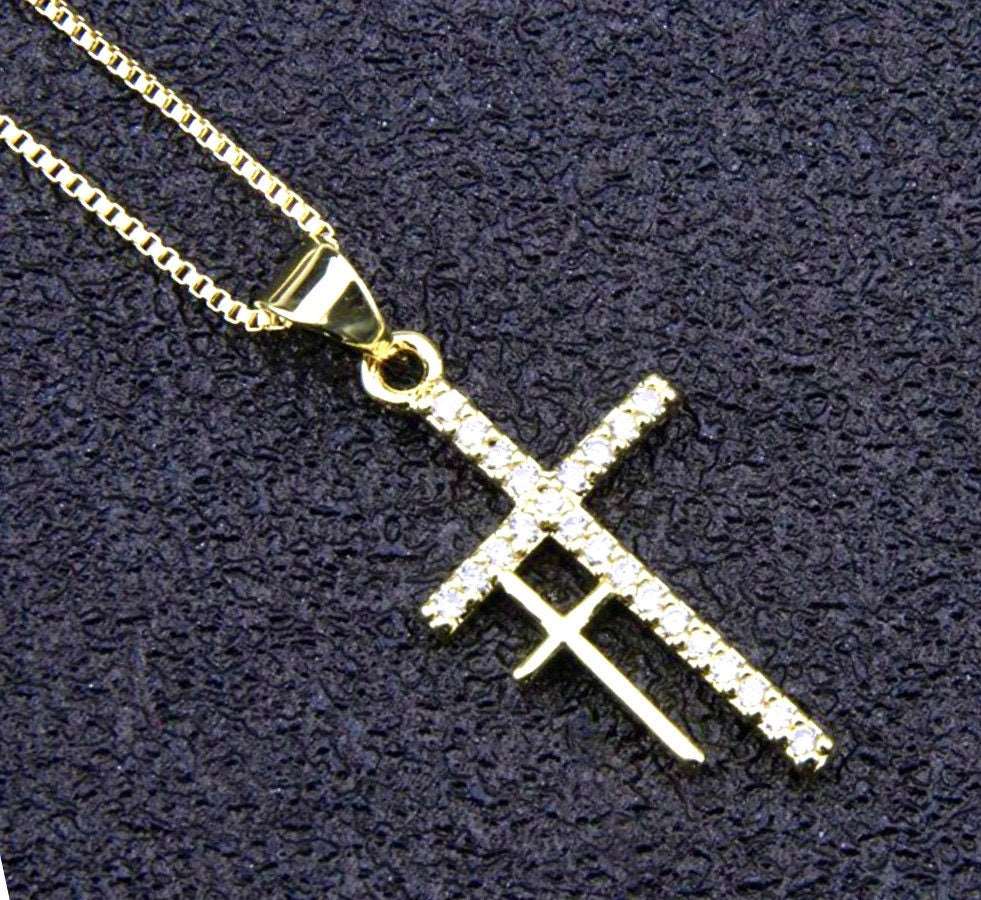 Double 2 cross necklace gold my redeemer lives two crosses CZ pendant for woman zircon jewelry