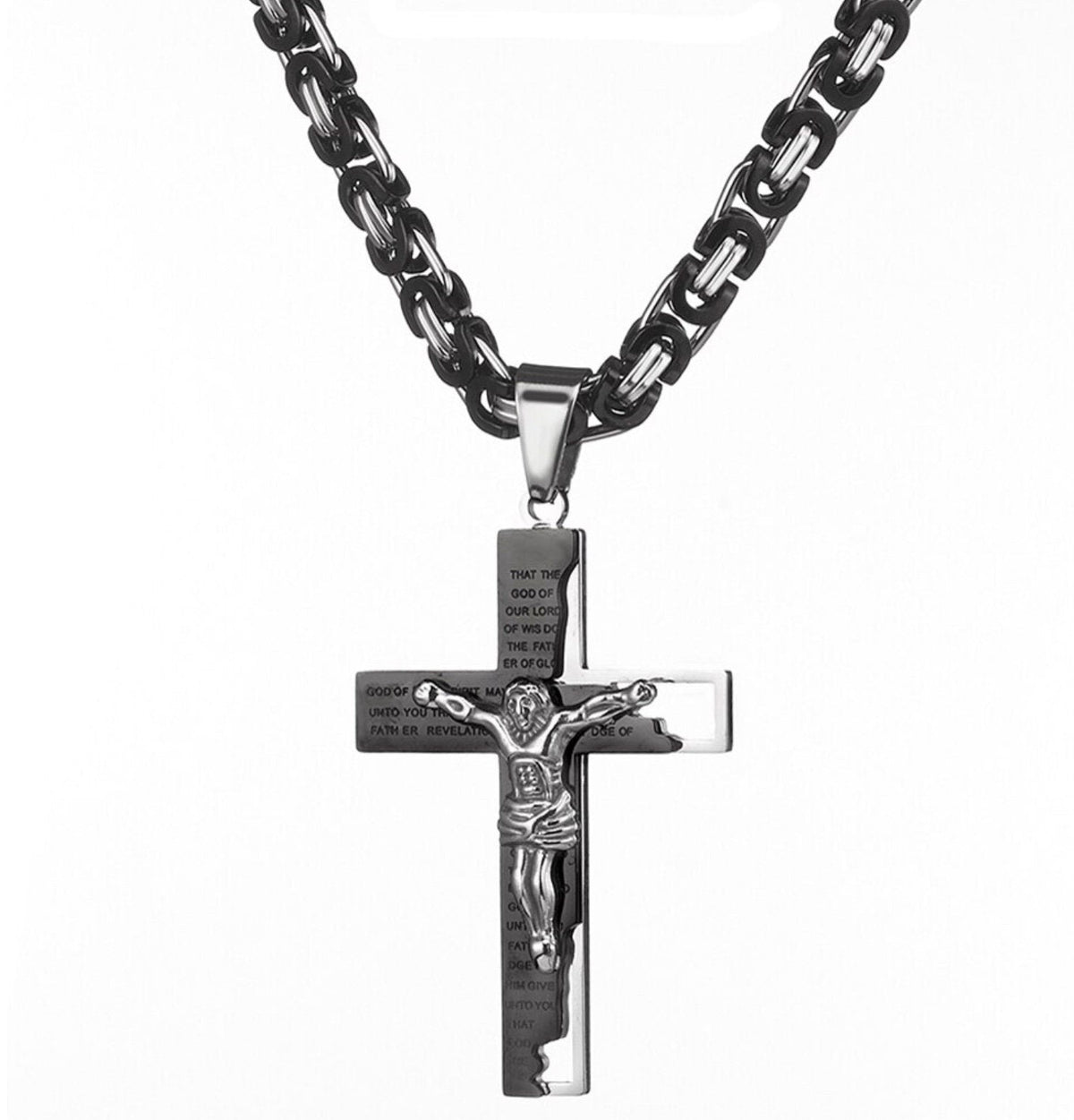 Heavy Silver & Gold Ephesians Prayer Cross Necklace for Men with Byzantine Chain