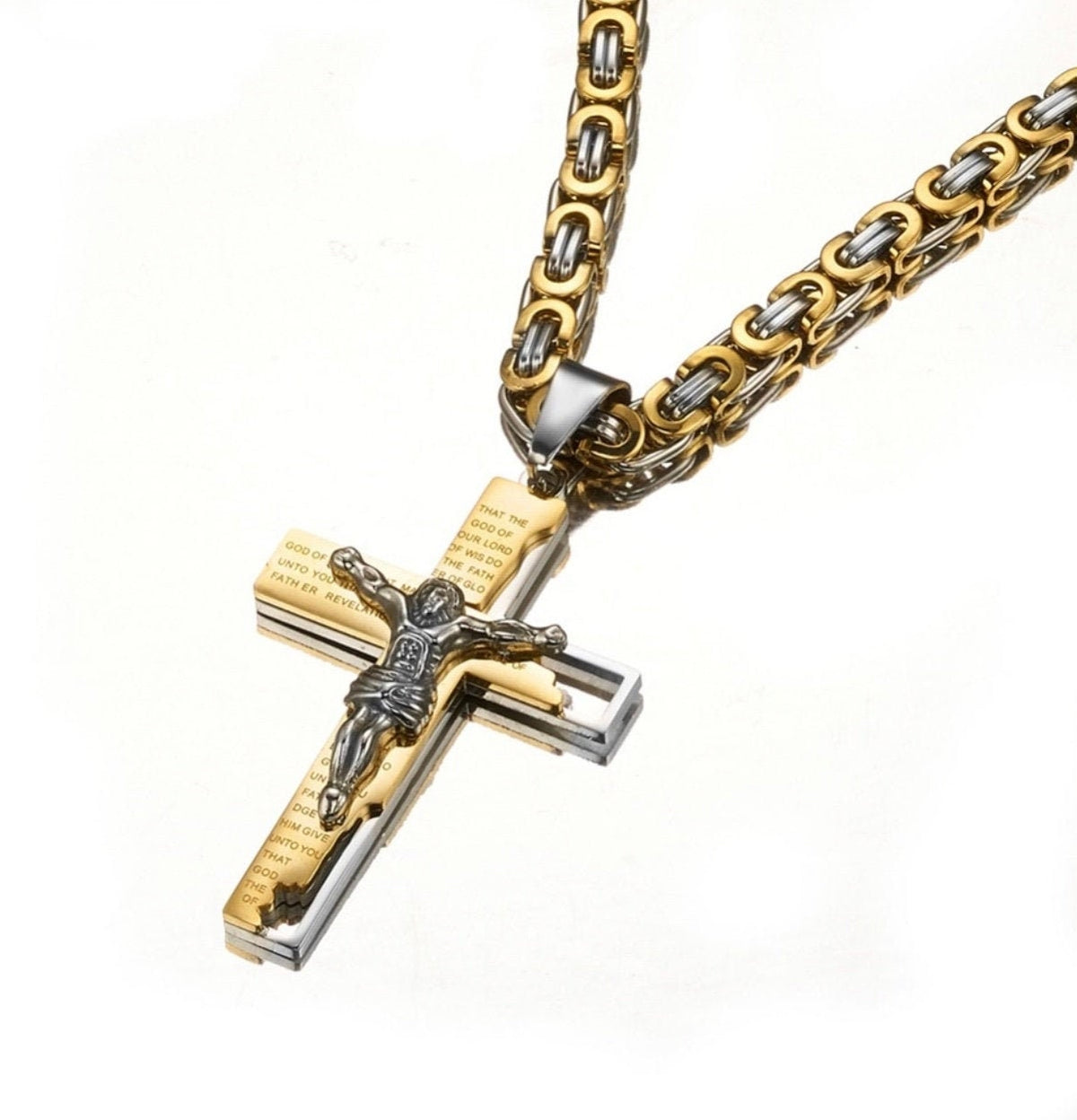 Heavy Silver & Gold Ephesians Prayer Cross Necklace for Men with Byzantine Chain