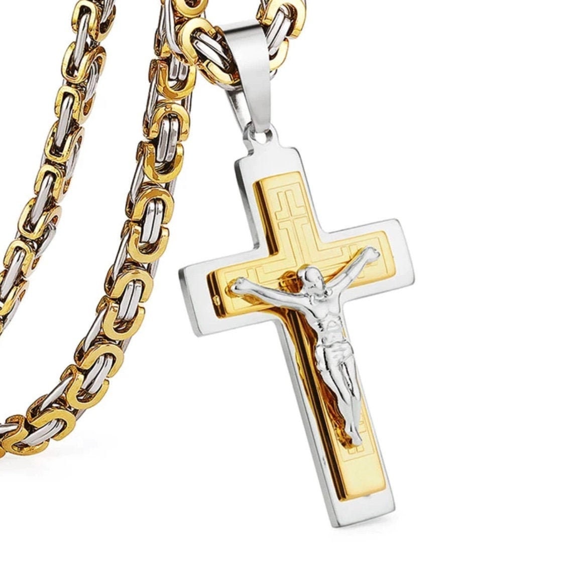 Large Crucifix Cross Necklace for Men with Byzantine Chain, Silver & Gold