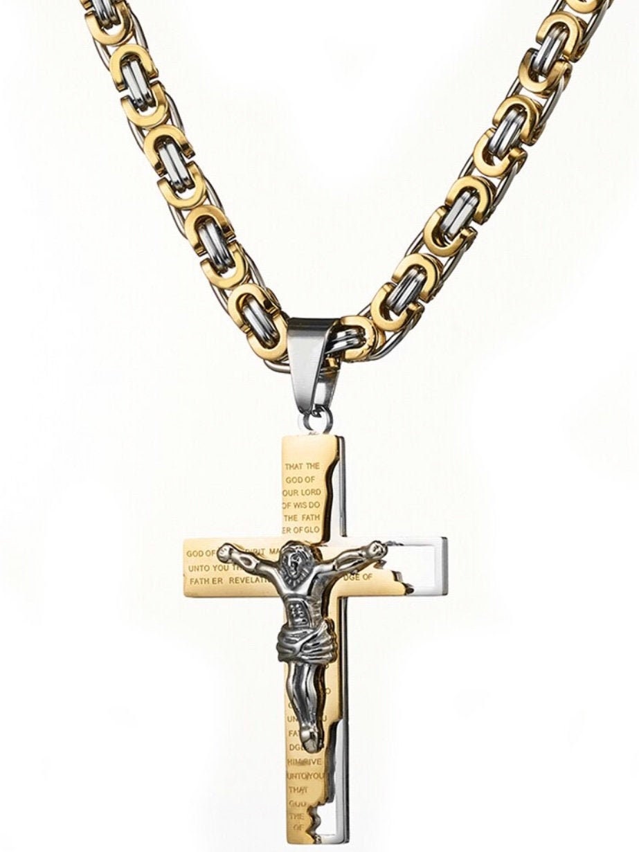 Heavy Silver & Gold Ephesians Prayer Cross Necklace for Men with Byzantine Chain