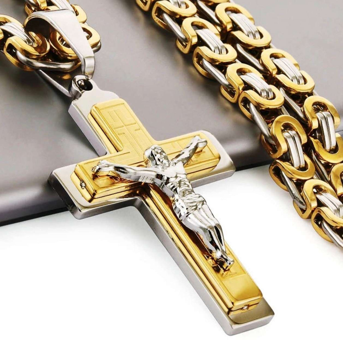 Large Crucifix Cross Necklace for Men with Byzantine Chain, Silver & Gold
