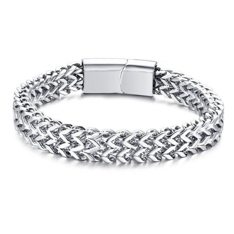 Wide Chain Bracelet for Men Black Gold Silver Double Thick Cuff Bangle Active Wear Stainless Steel Engraved Boys Design Jewelry Jewellery
