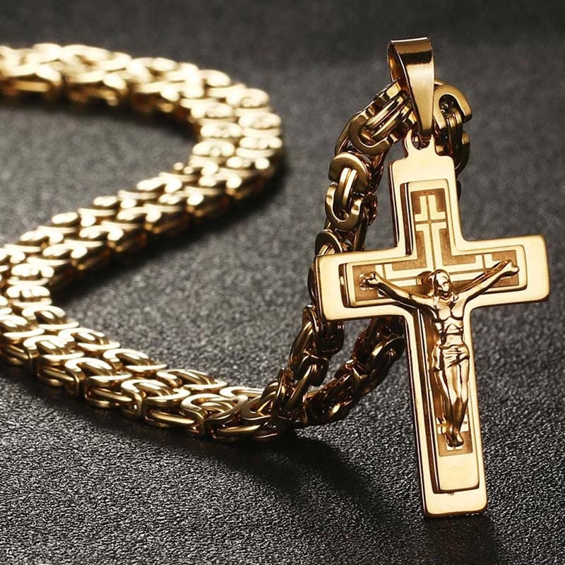 Large Crucifix Cross Necklace for Men with Byzantine Chain, Silver & Gold